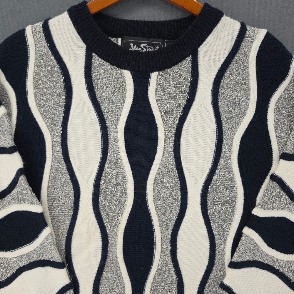 Alan Stuart Vintage 90s 3D Textured Wavy Knit Sweater Navy Cream Mens Large